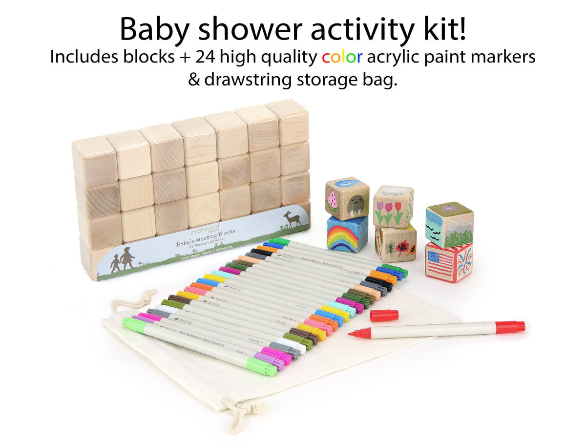 28 pc. Alphabet Blocks Baby Shower Activity Kit with Acrylic Paint Markers