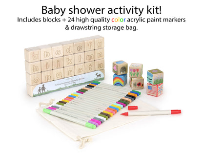 28 pc. Alphabet Blocks Baby Shower Activity Kit with Acrylic Paint Markers