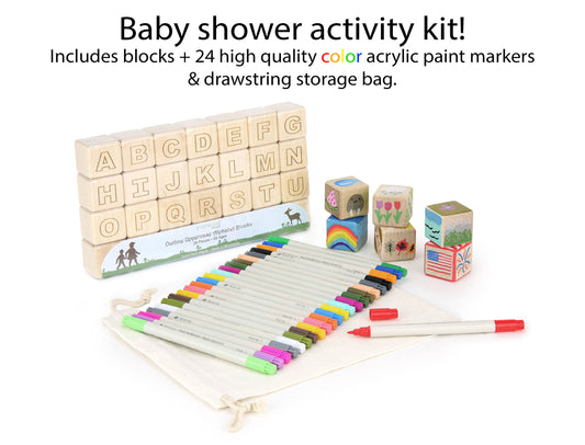 28 pc. Alphabet Blocks Baby Shower Activity Kit with Acrylic Paint Markers